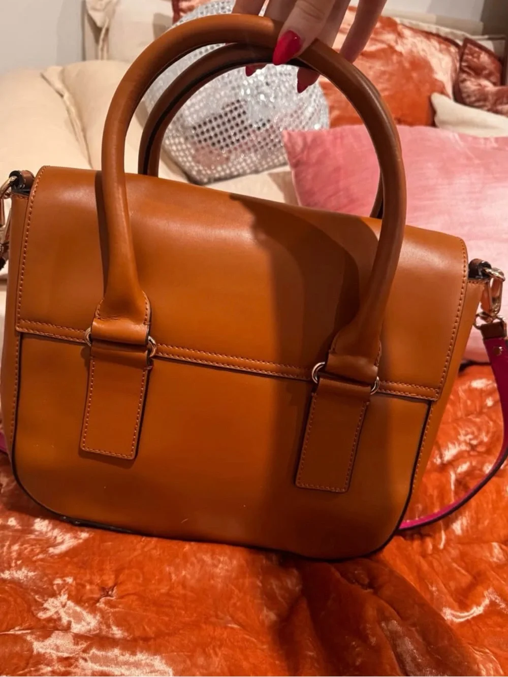 kate spade Cognac Leather Crossbody with Pink Accent